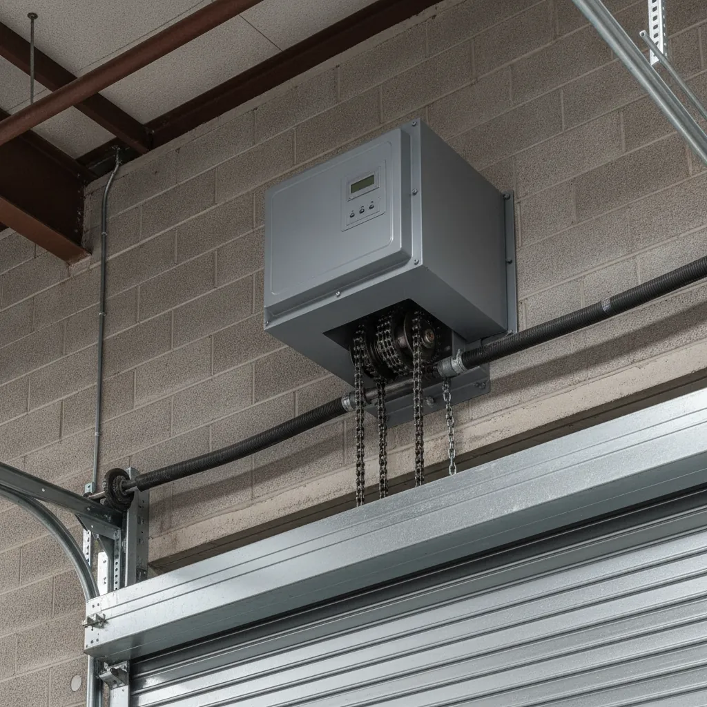 Industrial commercial garage door operator motor mounted above a rolling steel door
