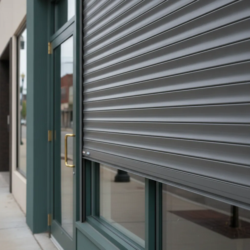 Retail storefront with a rolling security shutter partially closed