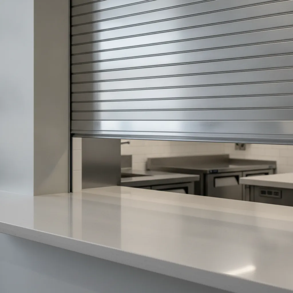 Stainless steel rolling counter door over a restaurant service window