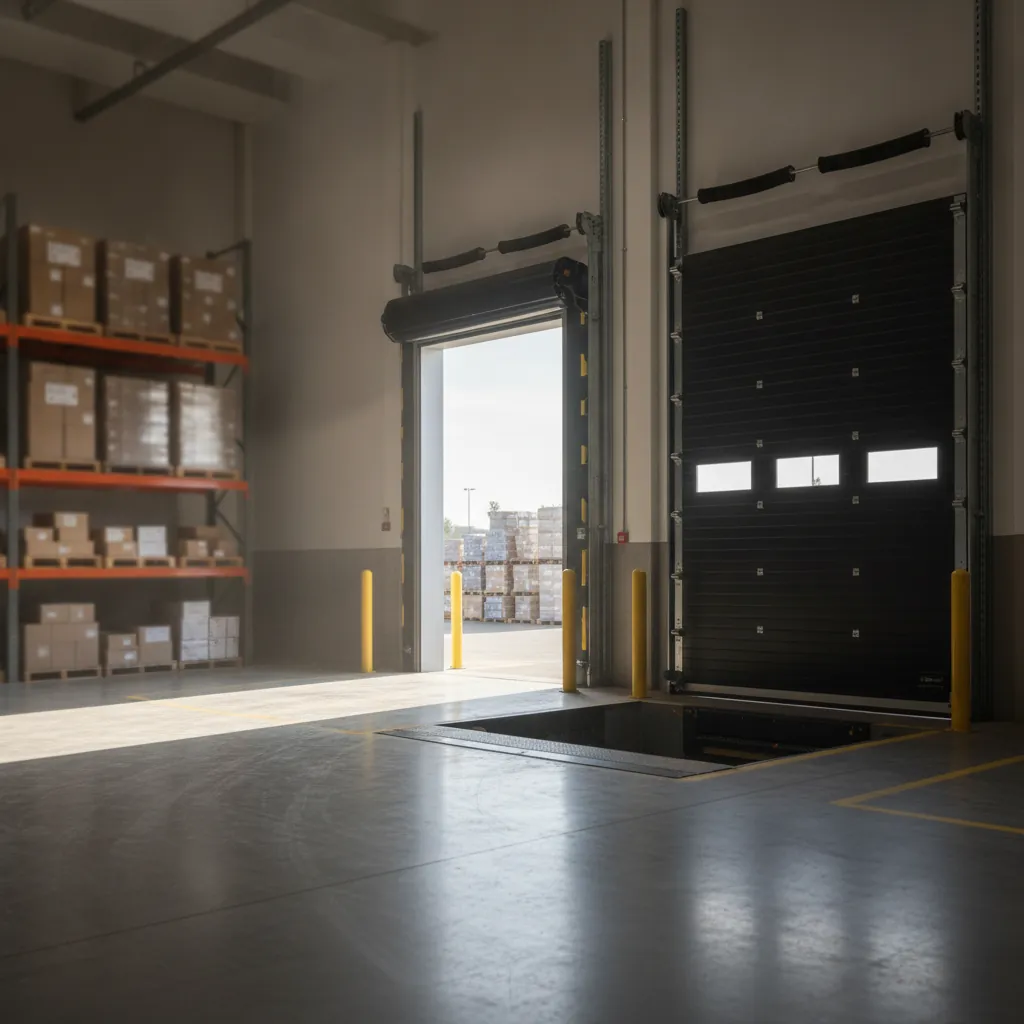 Interior commercial warehouse loading dock with high-speed bay doors