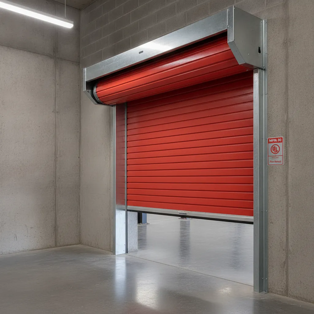 Commercial rolling steel fire door installed in an industrial corridor