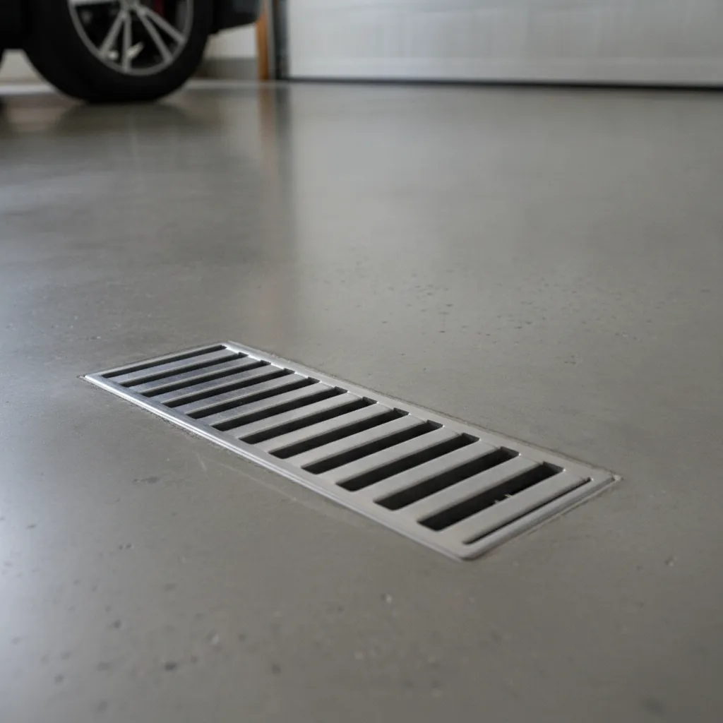 Stainless steel garage floor ventilation grate installed in a polished concrete floor