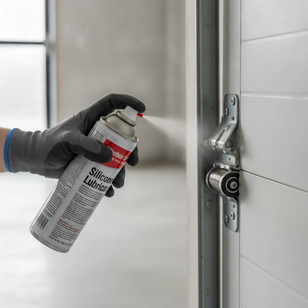 Gloved hand applying silicone lubricant to a residential garage door hinge during maintenance