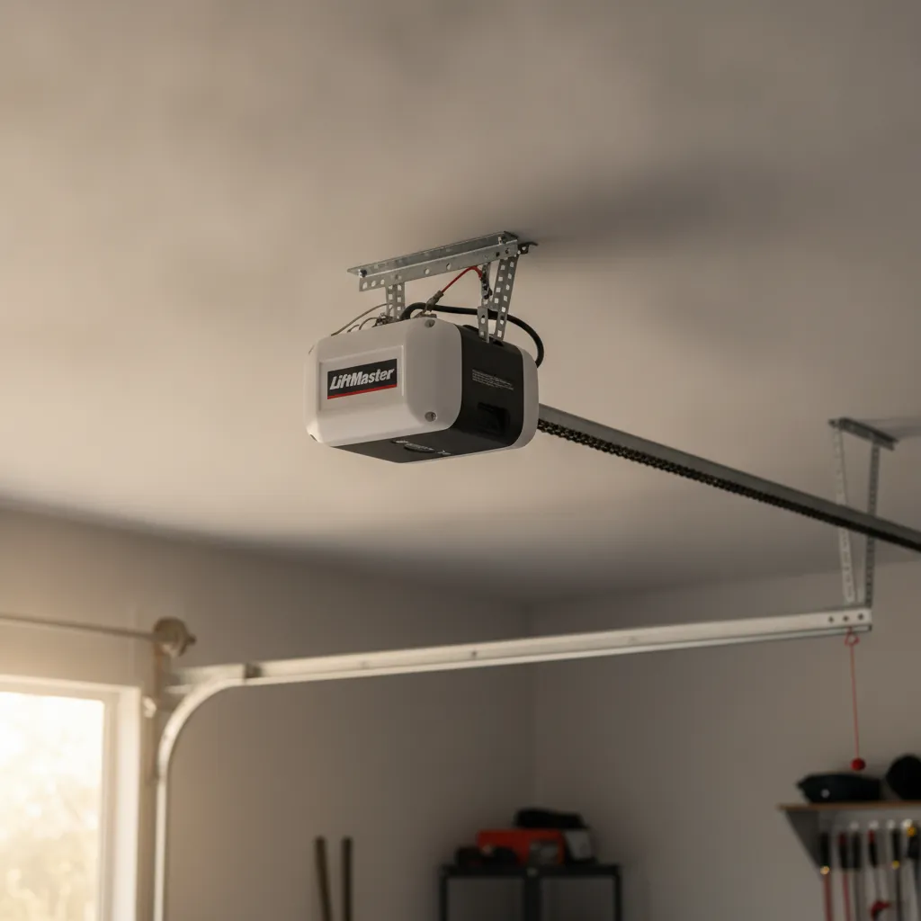 LiftMaster garage door opener mounted on a residential garage ceiling