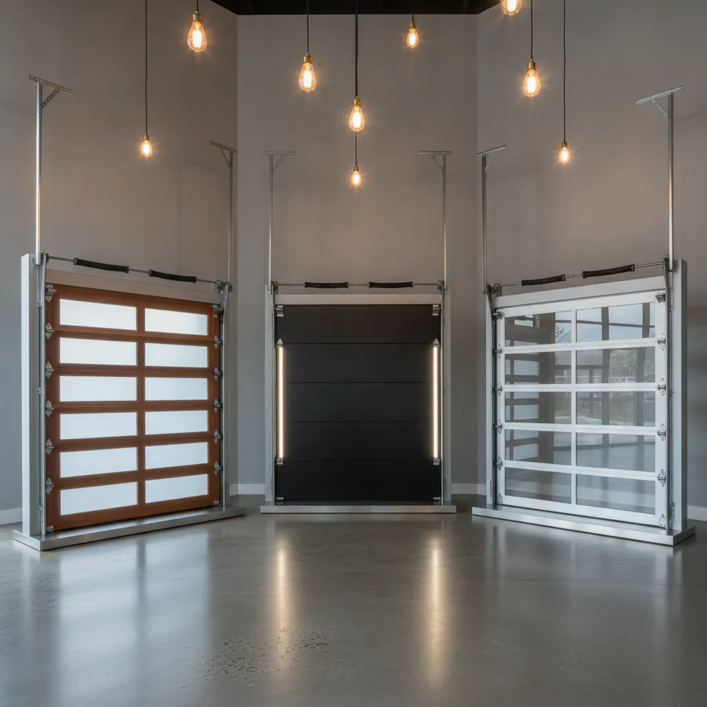 Garage door showroom interior with three full-size garage doors on display under pendant lighting