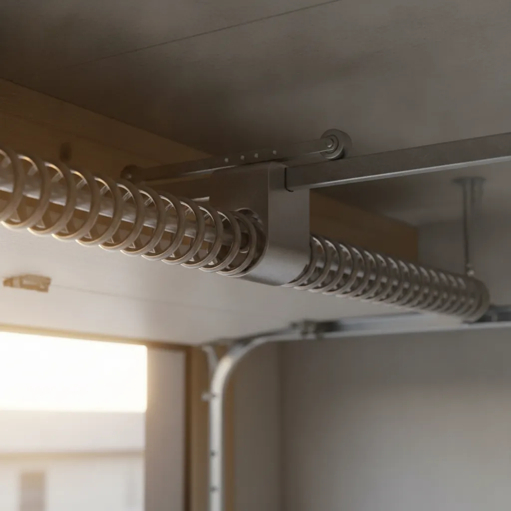 Close-up of residential garage door torsion springs