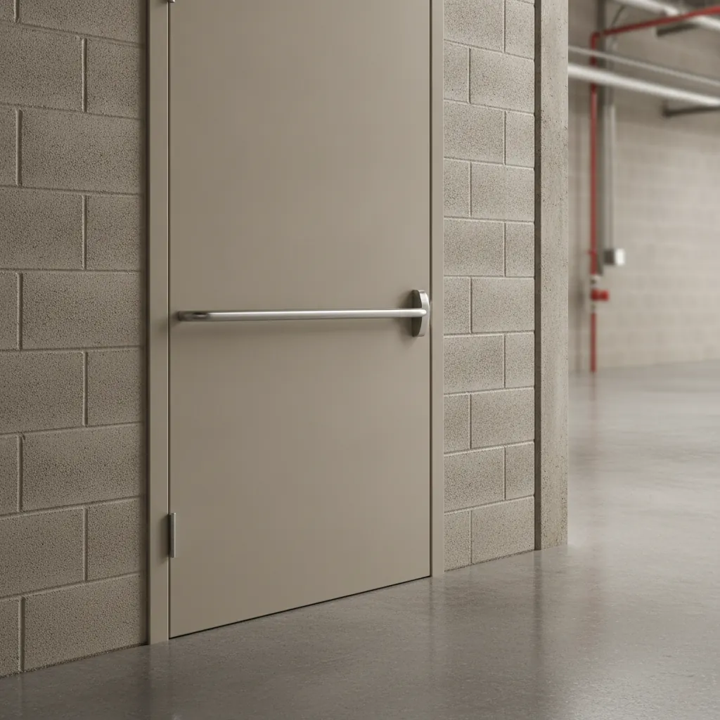Commercial steel entry door with a panic-bar handle in a concrete-block wall