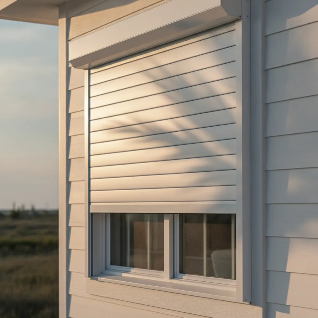 Hurricane-rated rolling storm shutter installed over a coastal home window