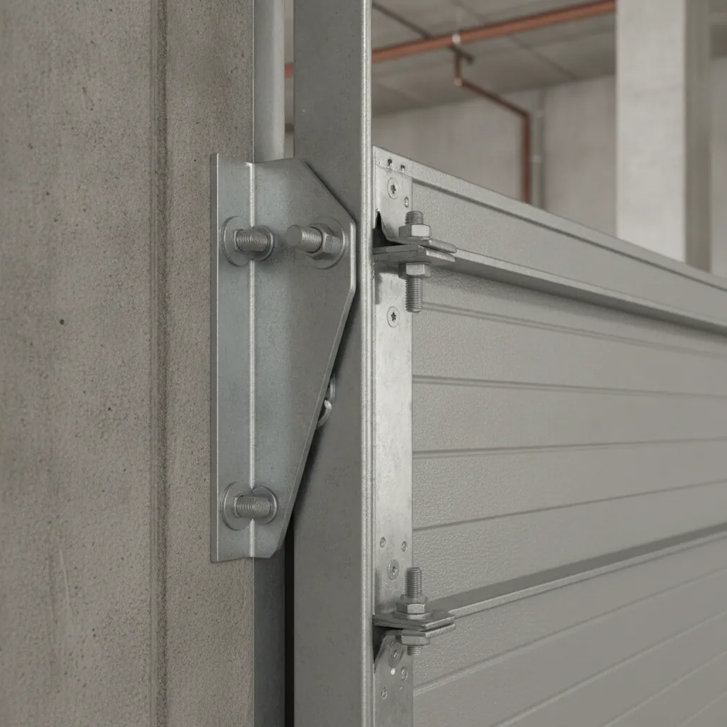 Hurricane wind-load reinforcement bracket bolted to a commercial garage door track
