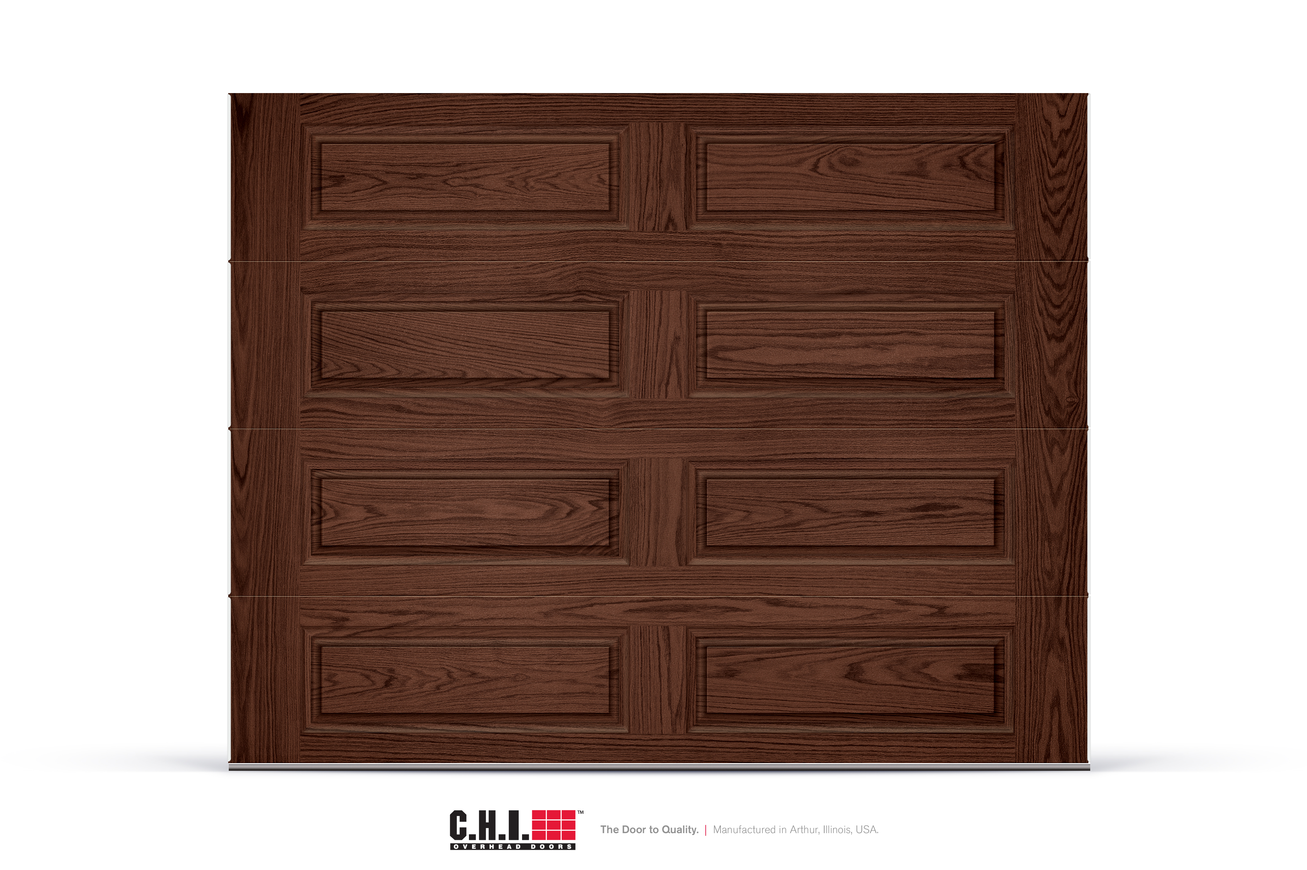 Dark oak raised-panel garage door with decorative accents